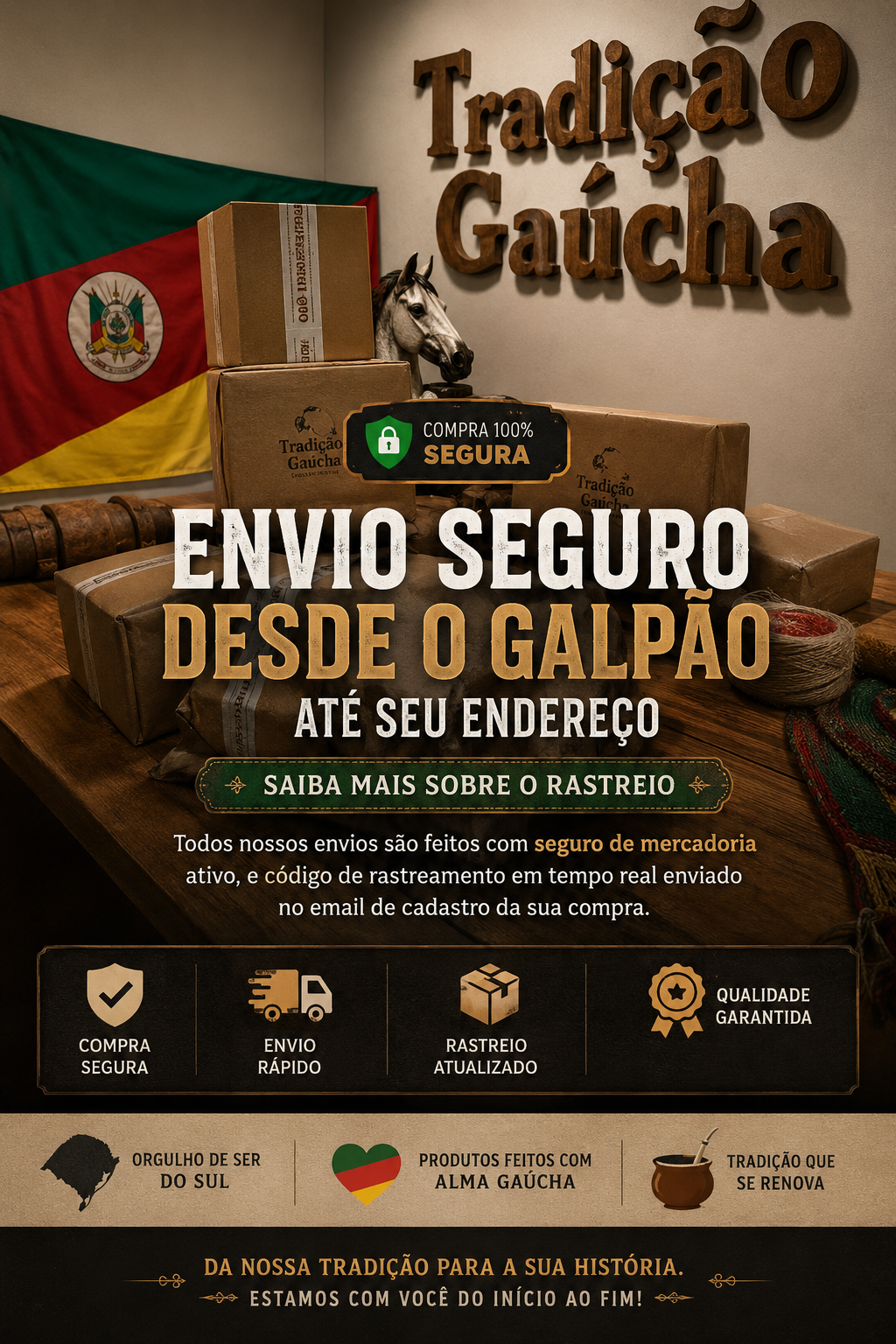 Envio seguro desde o galpão Tradição Gaúcha até seu endereço